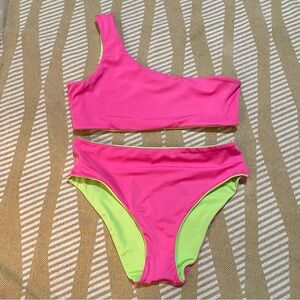Hot Pink & Lime Green Reversible One Shoulder Bikini Set - Size Large Like New